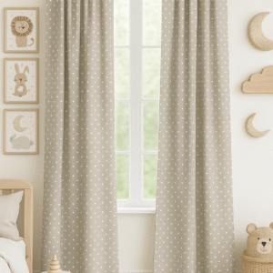 Loneta Cortina Beige Lunares Blancos