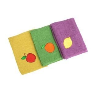 Pack 3 Paños de Cocina Bordado Frutas Verde, Amarillo y Morado