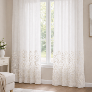 Visillo Elena Bordado Hojas Beige y Blanco