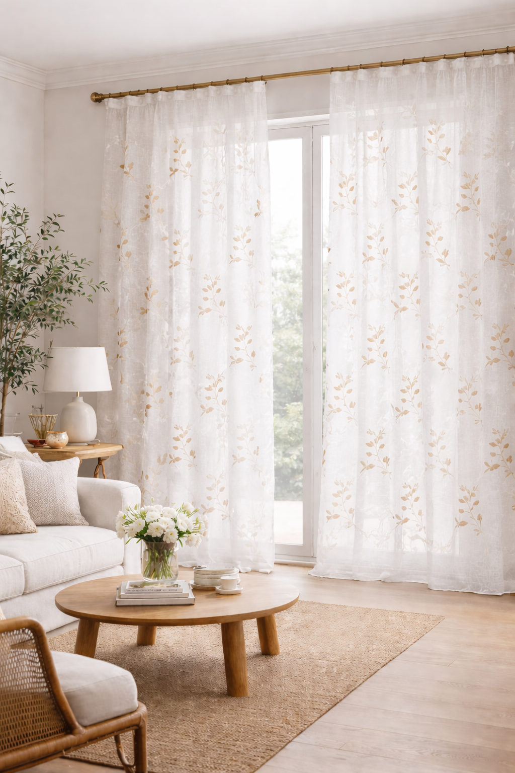 Visillo Melody Blanco y Flores Tostadas