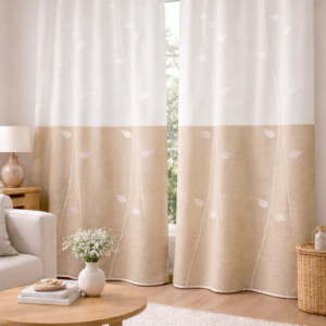 Visillo Rialto Bordado Hojas Beige y Blanco