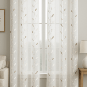 Cortina Confeccionada Hojas Beige y Blancas