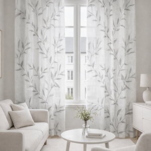 Cortina Confeccionada Modelo Hojas Olivo Gris